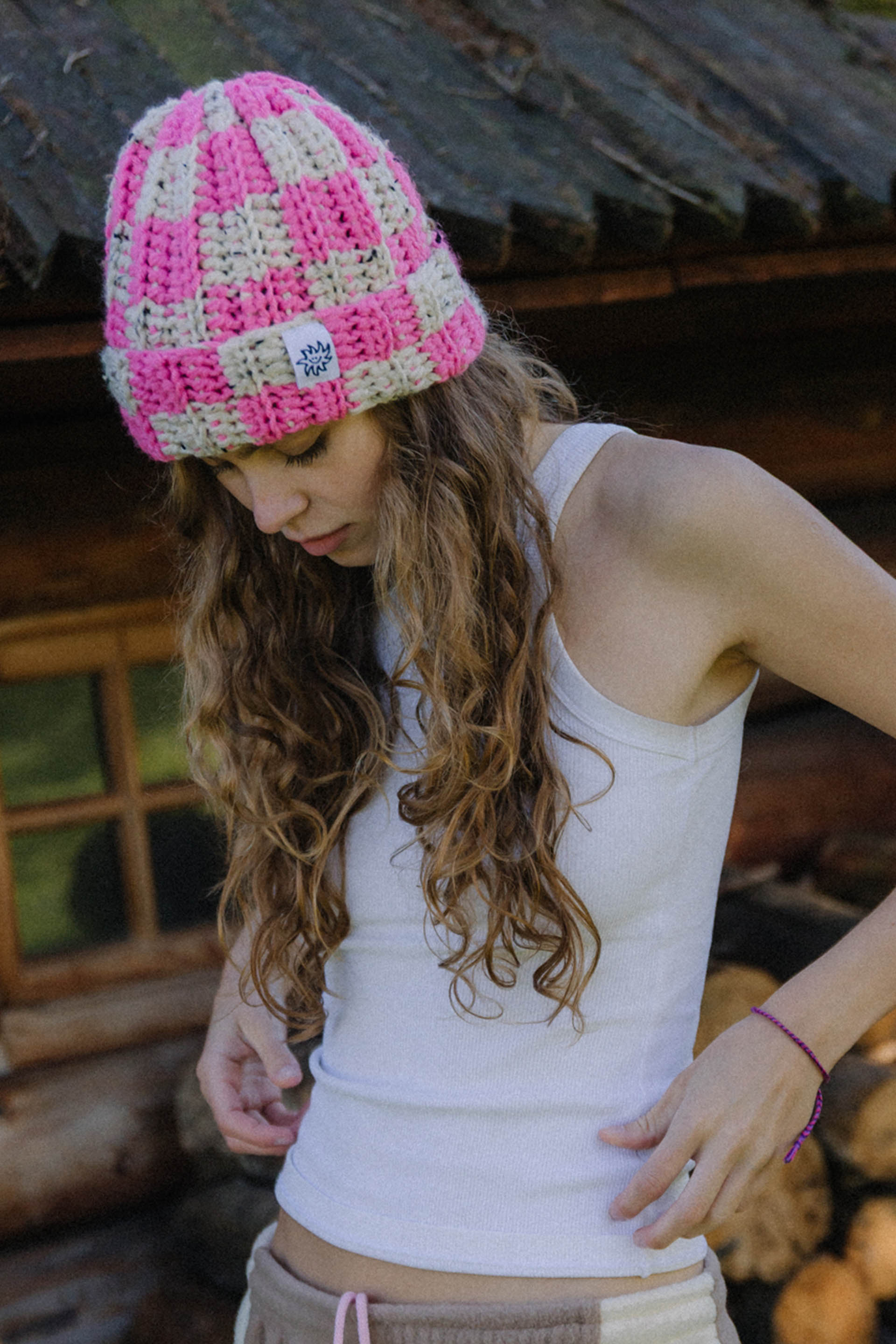 CZAPKA HANDMADE RETRO CHECK PINK